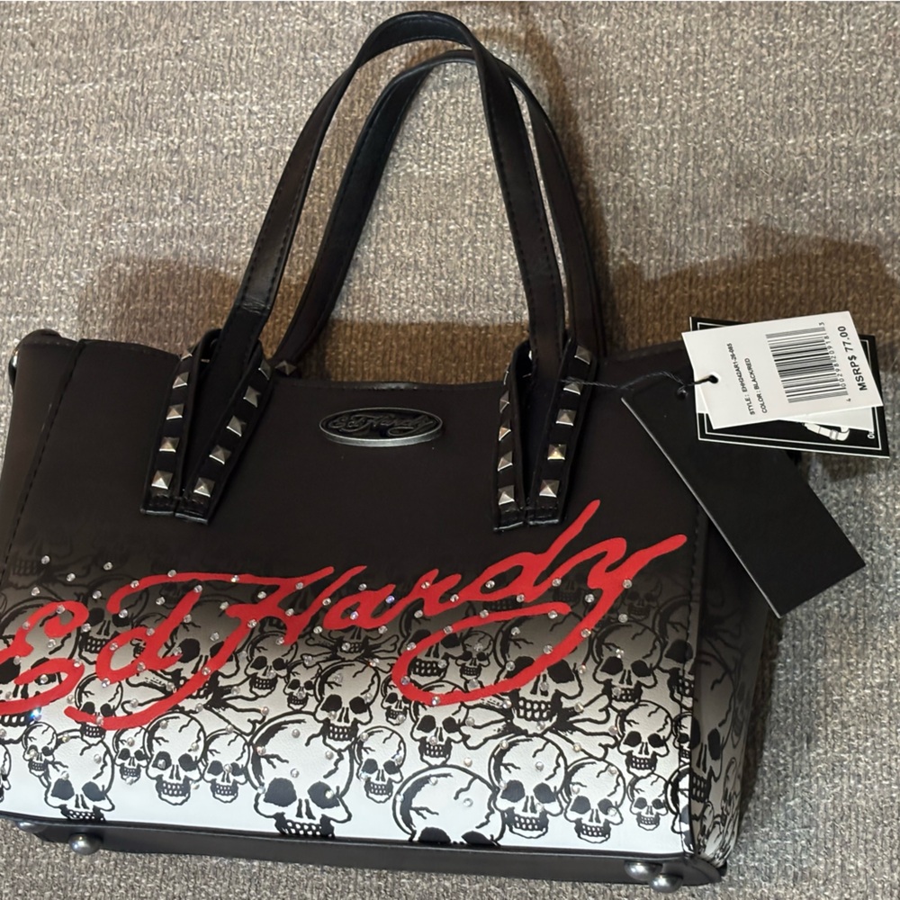 Ed Hardy Black and Red Shoulder Bag with Skull Design